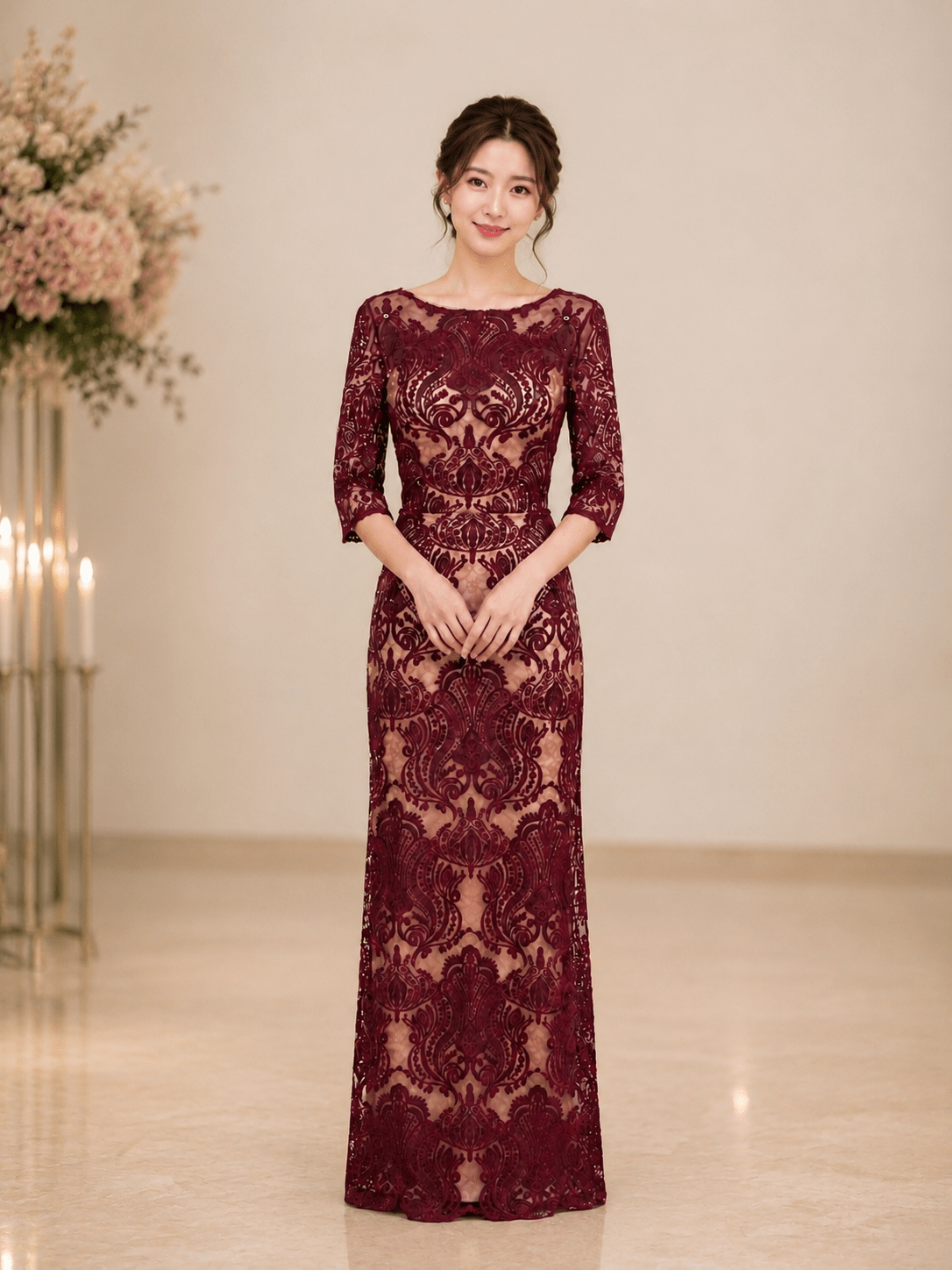 櫻桃紅宮廷亮片刺繡七分袖禮服 櫻桃紅宮廷亮片刺繡七分袖禮服