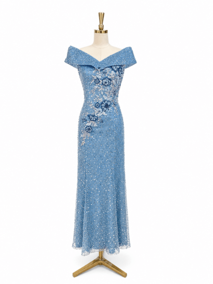 青藍珍珠亮片刺繡花一字領禮服