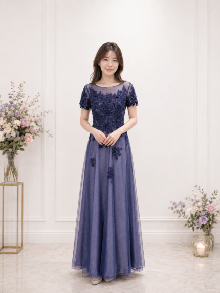星空藍管珠花紋蕾絲紗裙禮服