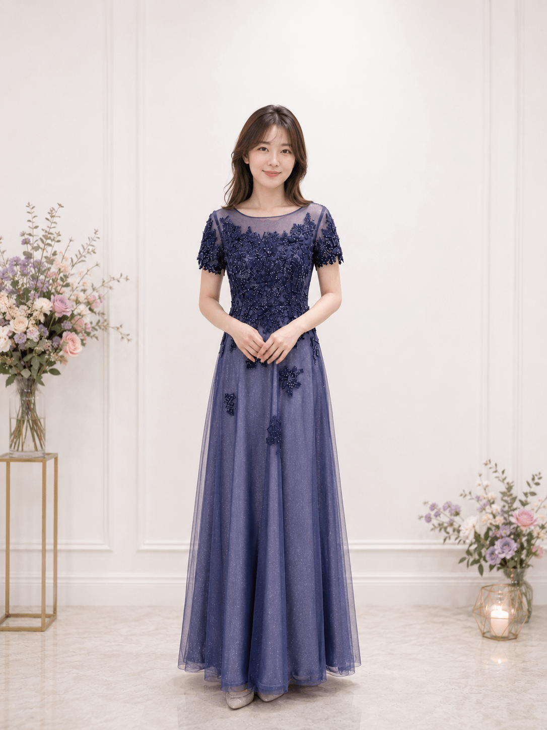 星空藍管珠花紋蕾絲紗裙禮服 星空藍管珠花紋蕾絲紗裙禮服