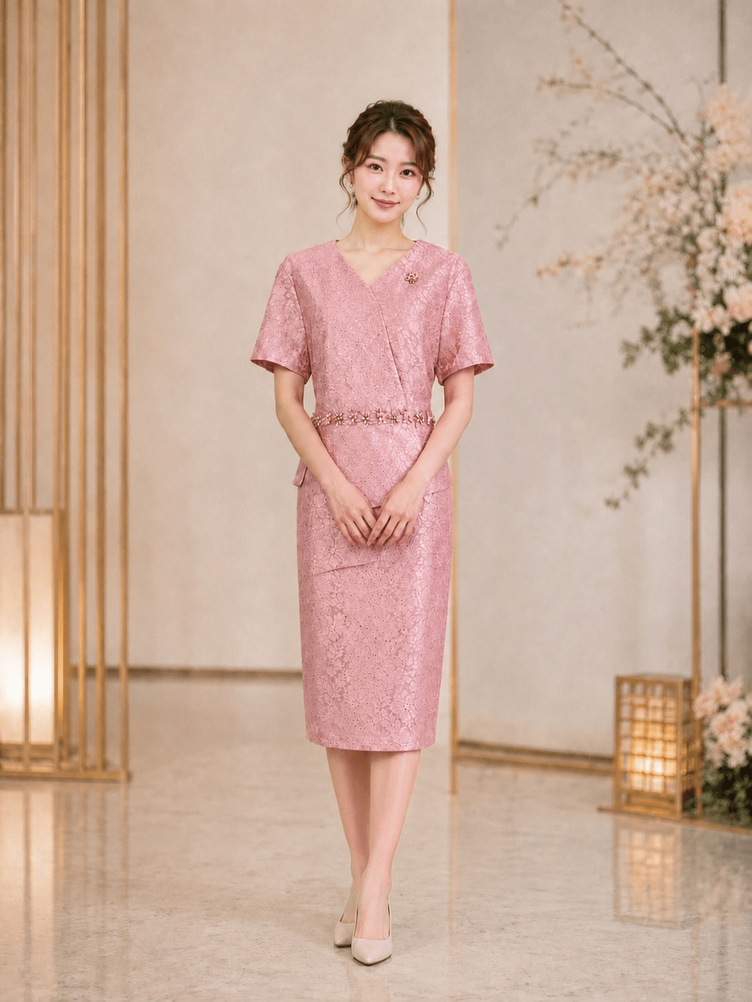 梅粉櫻花葉片刺繡收腰禮服 梅粉櫻花葉片刺繡收腰禮服