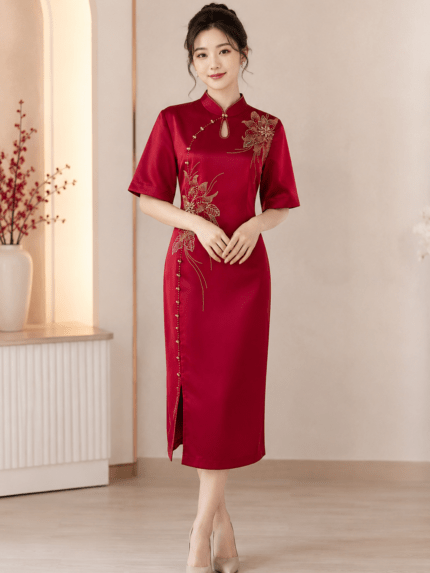 酒紅金珠牡丹絲緞水滴洞禮服