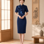 藏藍立體蘭花刺繡緞面禮服