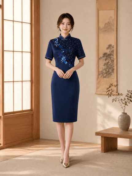 藏藍立體蘭花刺繡緞面禮服