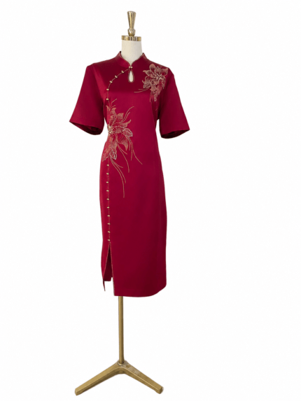 酒紅金珠牡丹絲緞水滴洞禮服