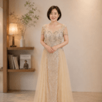 金橘宮廷花紋流線亮片側紗禮服