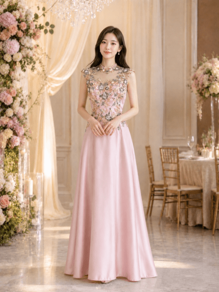 櫻花粉花葉亮片高領緞面禮服