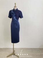 藏藍立體蘭花刺繡緞面禮服