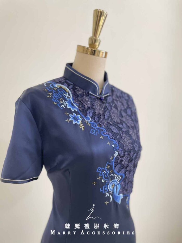 藏藍立體蘭花刺繡緞面禮服