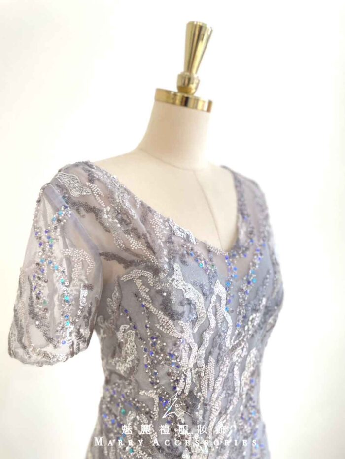 薰衣草紫蕾絲花紋珠寶刺繡禮服