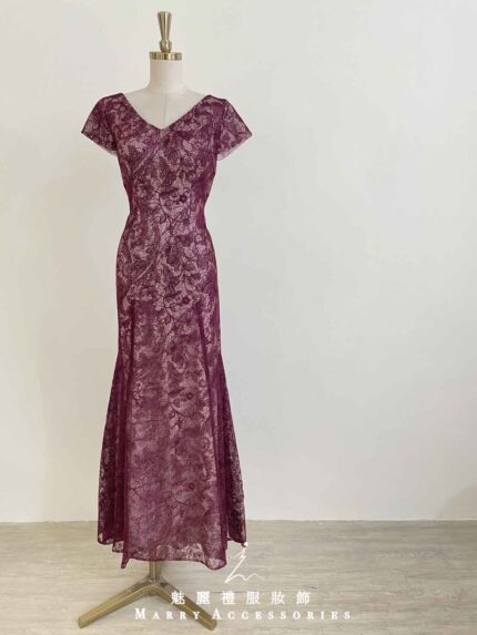 酒紅蕾絲織花魚尾禮服