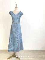 水藍亮片藤蔓花葉鑲鑽收腰禮服