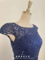 藏藍菱格蕾絲亮片絲帶收腰禮服