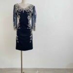 藏藍牡丹抓腰鏤空蕾絲袖禮服