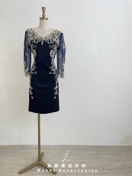 藏藍牡丹抓腰鏤空蕾絲袖禮服