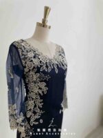 藏藍牡丹抓腰鏤空蕾絲袖禮服