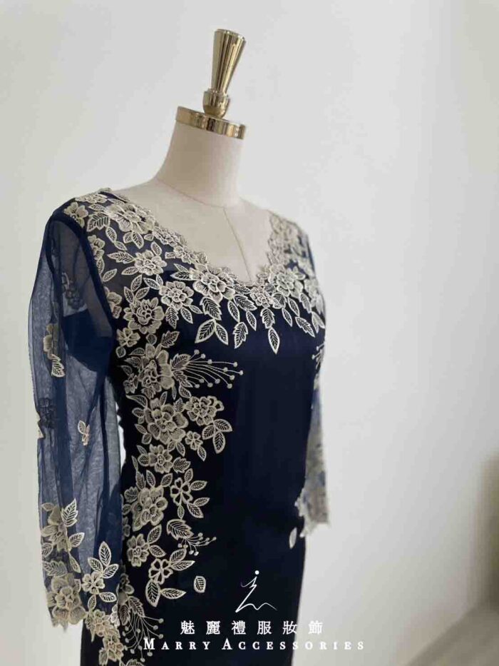 藏藍牡丹抓腰鏤空蕾絲袖禮服