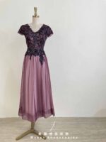 莓紫管珠花藤蕾絲裙禮服