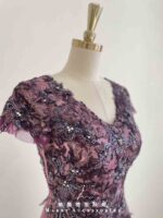 莓紫管珠花藤蕾絲裙禮服