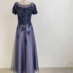 星空藍管珠花紋蕾絲紗裙禮服