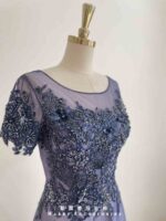 星空藍管珠花紋蕾絲紗裙禮服