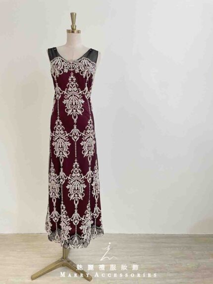 櫻桃紅宮廷蕾絲紗肩禮服
