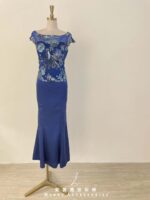 寶藍亮片花刺繡緞面魚尾禮服