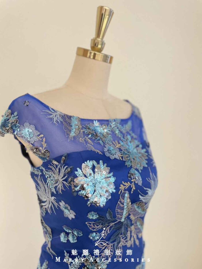 寶藍亮片花刺繡緞面魚尾禮服
