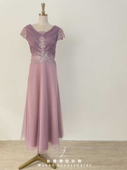 粉紫漸層亮紗刺繡花禮服