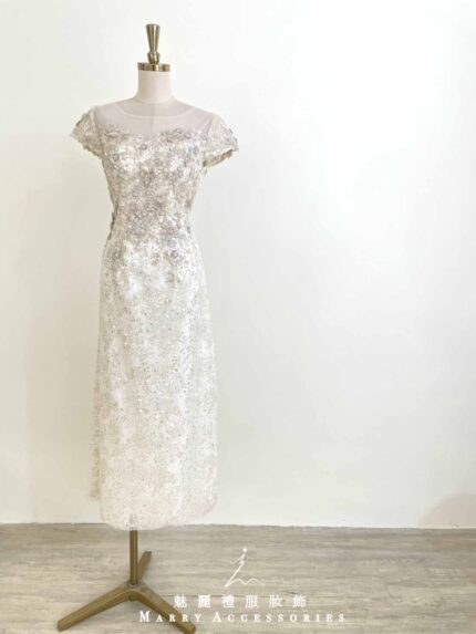 米黃亮片圓珠刺繡花禮服