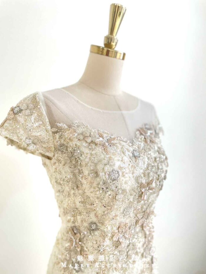 米黃亮片圓珠刺繡花禮服