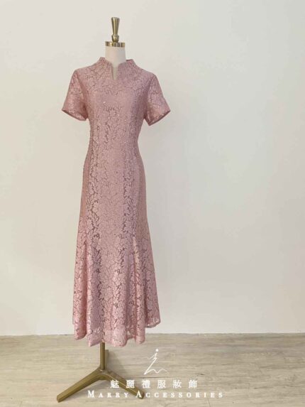 梅粉櫻花刺繡細珠魚尾禮服