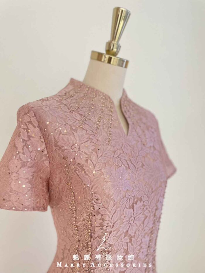 梅粉櫻花刺繡細珠魚尾禮服