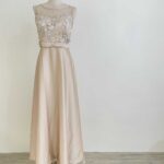 香檳金亮片花蝴蝶結收腰絲緞禮服