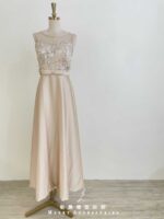 香檳金亮片花蝴蝶結收腰絲緞禮服