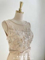 香檳金亮片花蝴蝶結收腰絲緞禮服