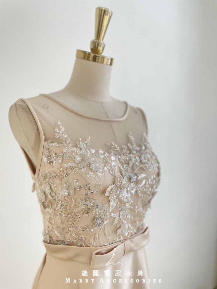 香檳金亮片花蝴蝶結收腰絲緞禮服