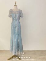 天空藍羽毛亮片刺繡魚尾禮服