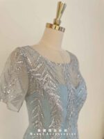 天空藍羽毛亮片刺繡魚尾禮服