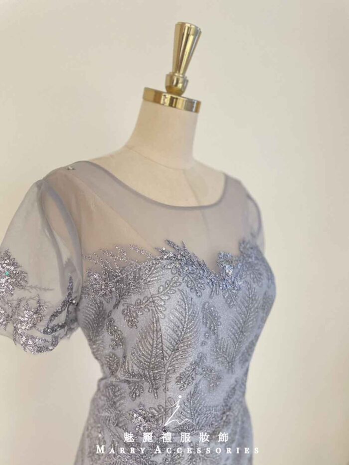 薰衣草紫花葉亮片高腰禮服