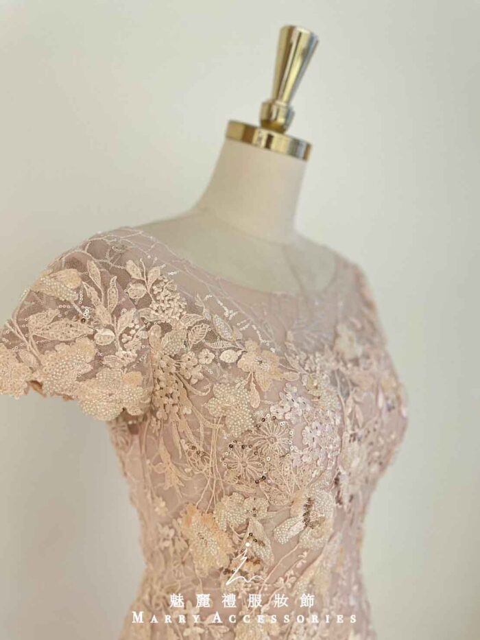 粉橘浮雕珠花亮紗銀線禮服