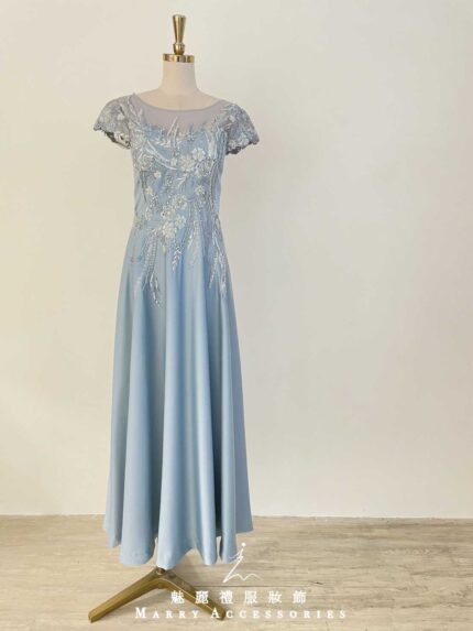 海藍亮片花藤蔓絲緞禮服
