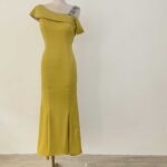 芥黃絲絨卡肩排鑽肩帶魚尾禮服