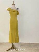 芥黃絲絨卡肩排鑽肩帶魚尾禮服