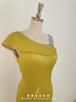 芥黃絲絨卡肩排鑽肩帶魚尾禮服