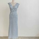 水藍蕾絲亮片花瓣肩袖禮服