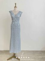 水藍蕾絲亮片花瓣肩袖禮服