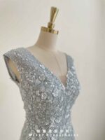 水藍蕾絲亮片花瓣肩袖禮服