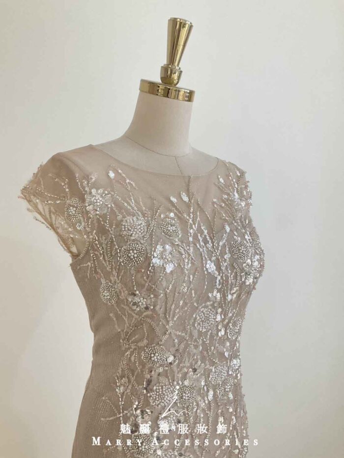 粉膚珠花亮片管珠藤蔓魚尾紗裙禮服