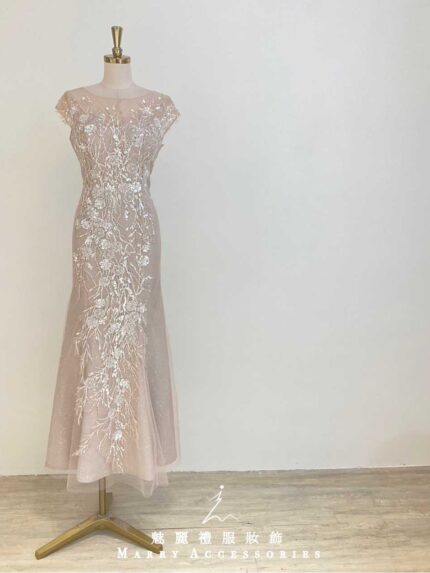 粉膚珠花亮片管珠藤蔓魚尾紗裙禮服